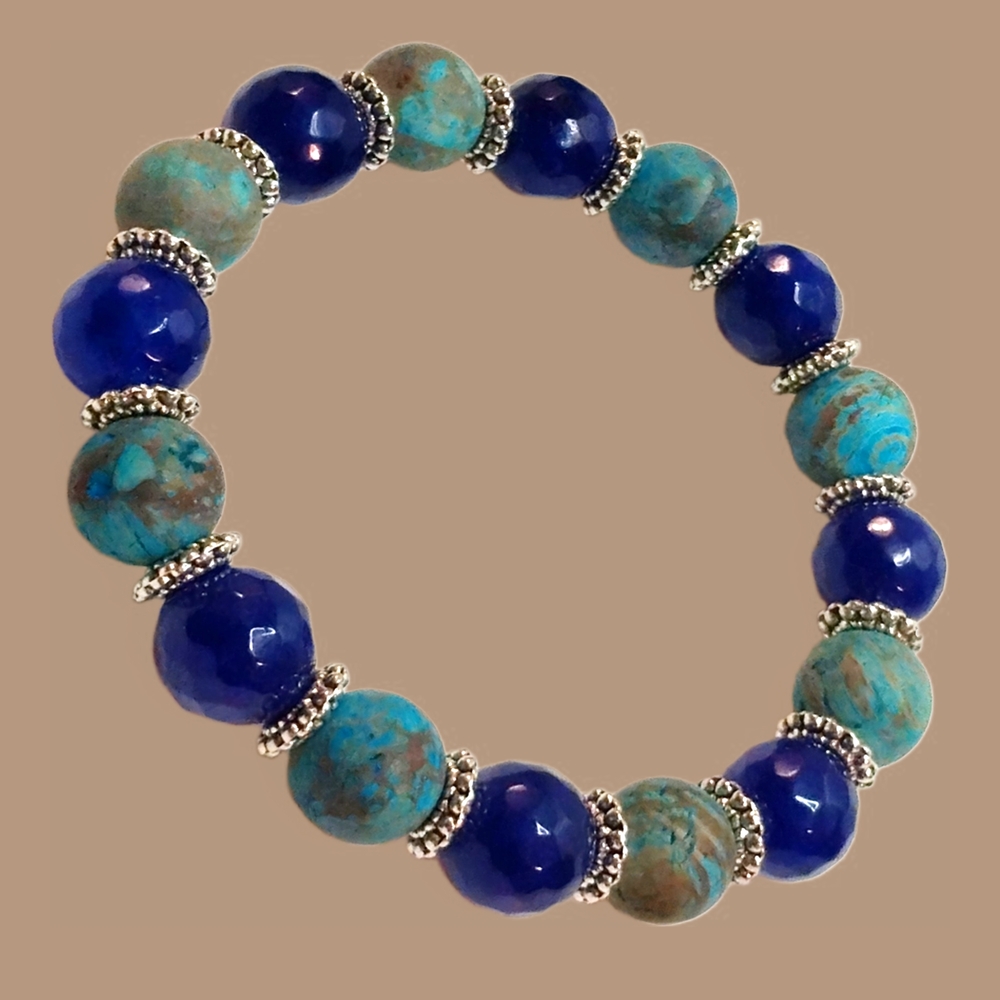 Matte Blue Apatite & Sapphire Beaded Stretch Bracelet Boho Nature Gift Handmade